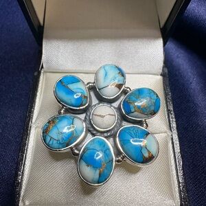 Ring Ice Blue Dahlia Turquoise Copper Infused 925 Sterling Silver Flower Setting